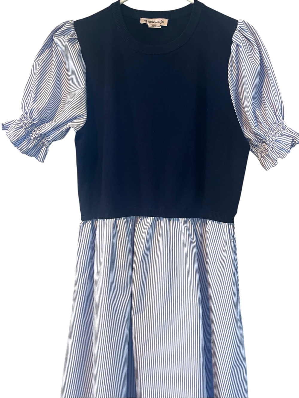Nanette Lenore Navy & White Striped Puff-Sleeve Dress